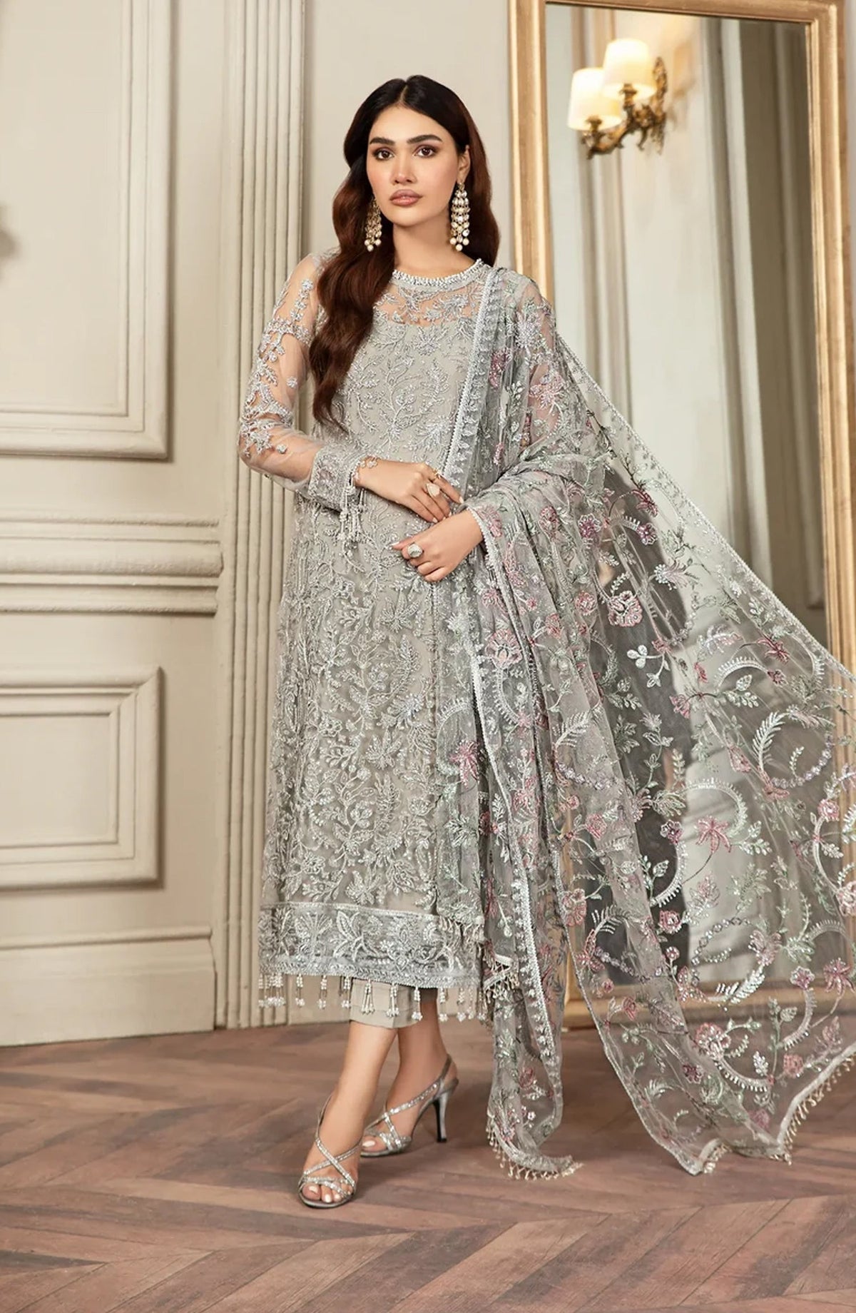 Zarif Luxury Embroidered Net Unstitched 3 Piece Suit - 01 Grace - ZRF26GR - Silver Grey - Festive Collection
