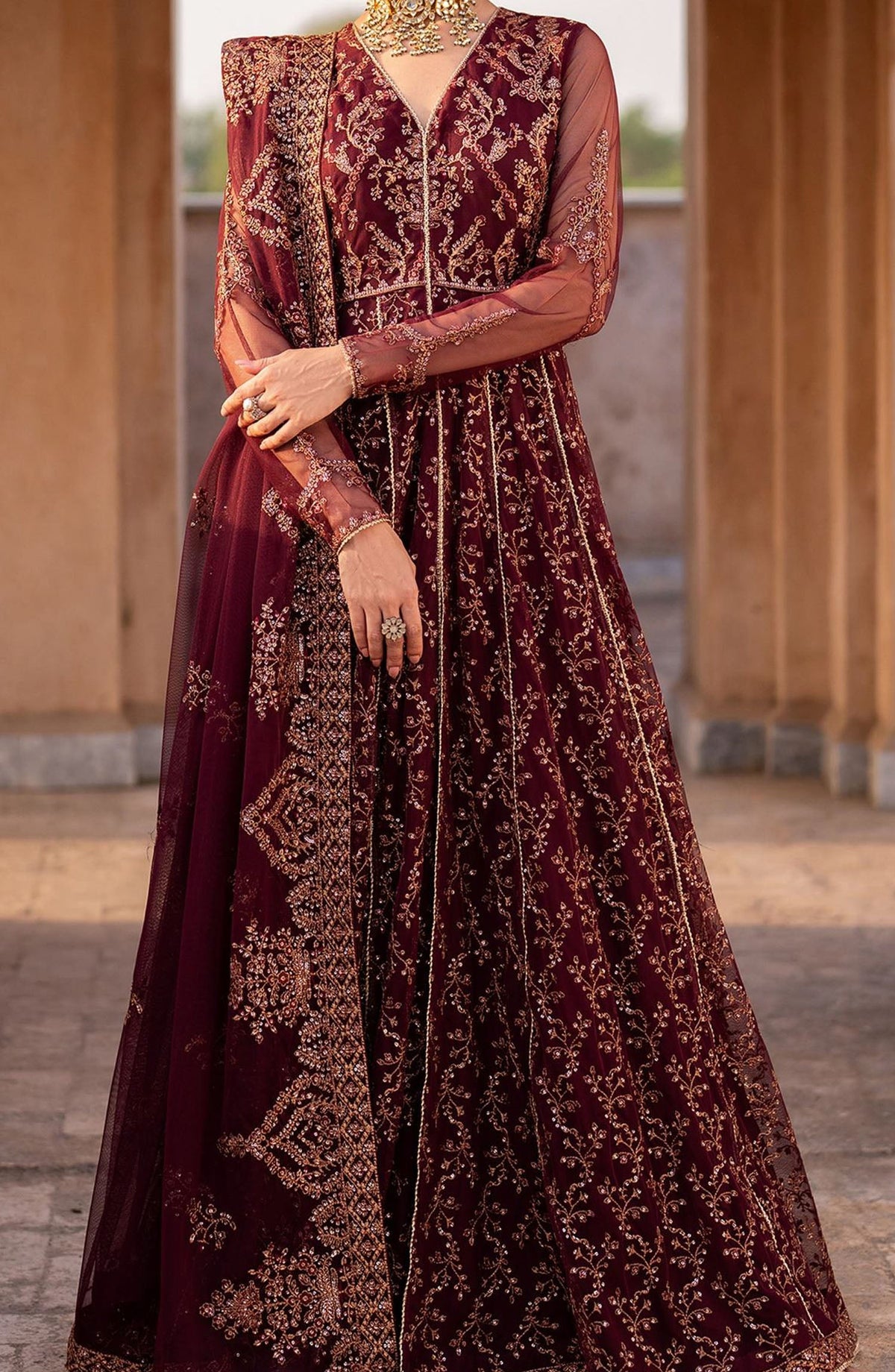 Sahiba by Zarif Luxury Embroidered Net Unstitched 3 Piece Suit - ZRF25SHB - UNST-SBA-01 ELIF - Maroon - Festive Collection