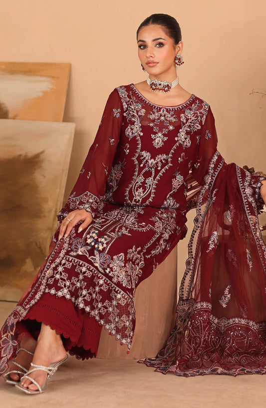Kashish by Ramsha Luxury Embroidered Chiffon Unstitched 3 Piece Suit - RM25KSH - K-306 - Maroon - Festive Collection