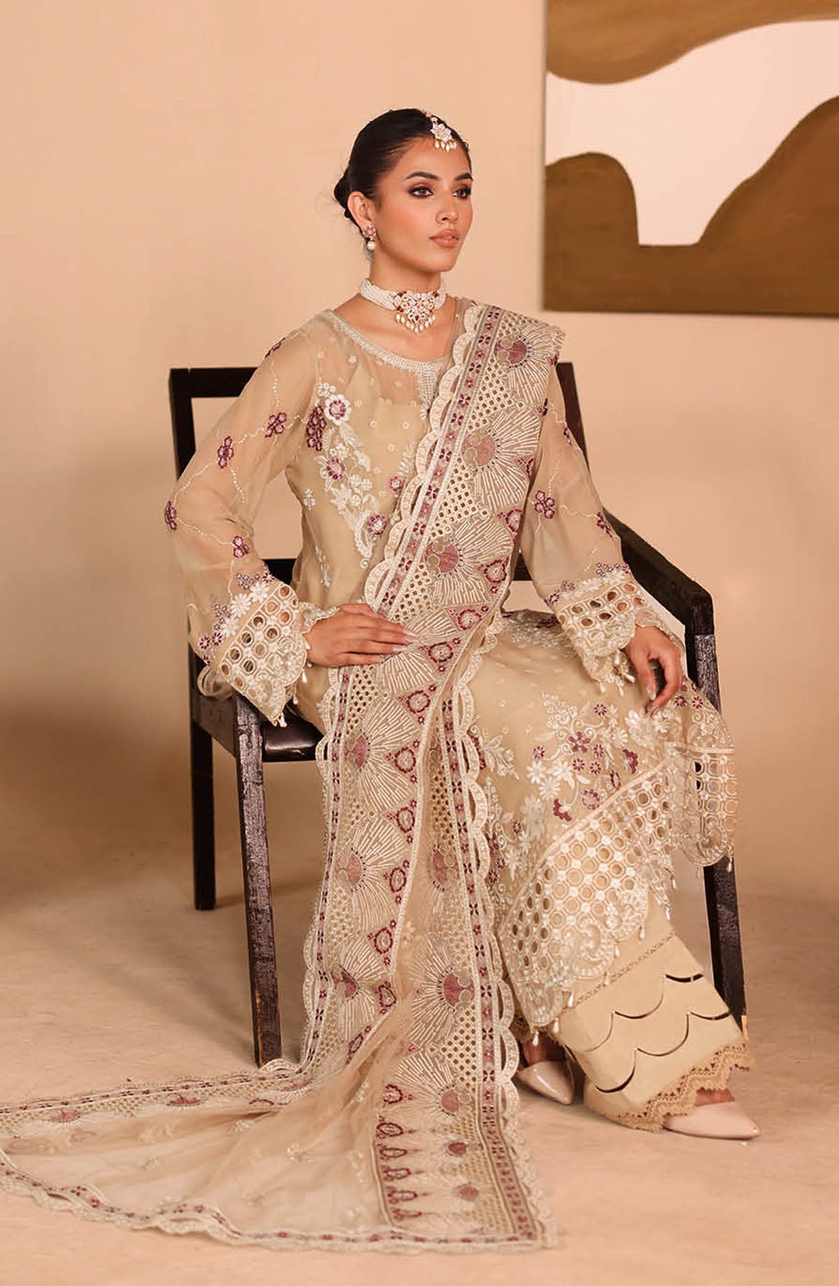 Kashish by Ramsha Luxury Embroidered Chiffon Unstitched 3 Piece Suit - RM25KSH - K-303 - Beige - Festive Collection