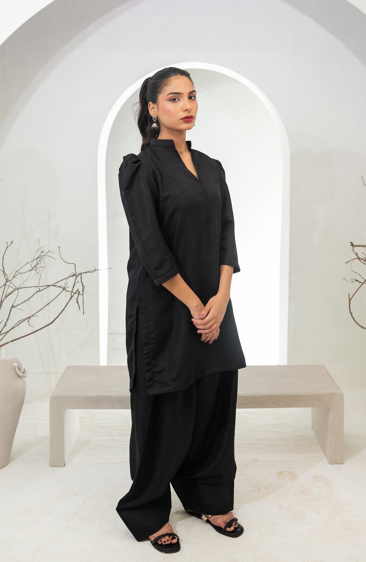 Zauk Basics Solid Printed Raw Silk Stitched 3 Piece Suit - Sable Black Farshi Shalwar Set - ZK25BSO - Casual Collection