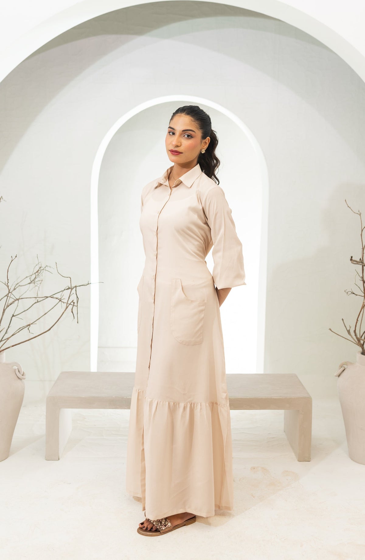 Zauk Basics Solid Printed Wrinkle-free crepe Stitched 1 Piece Dress - Bisque Fawn - ZK25BSO - Casual Collection