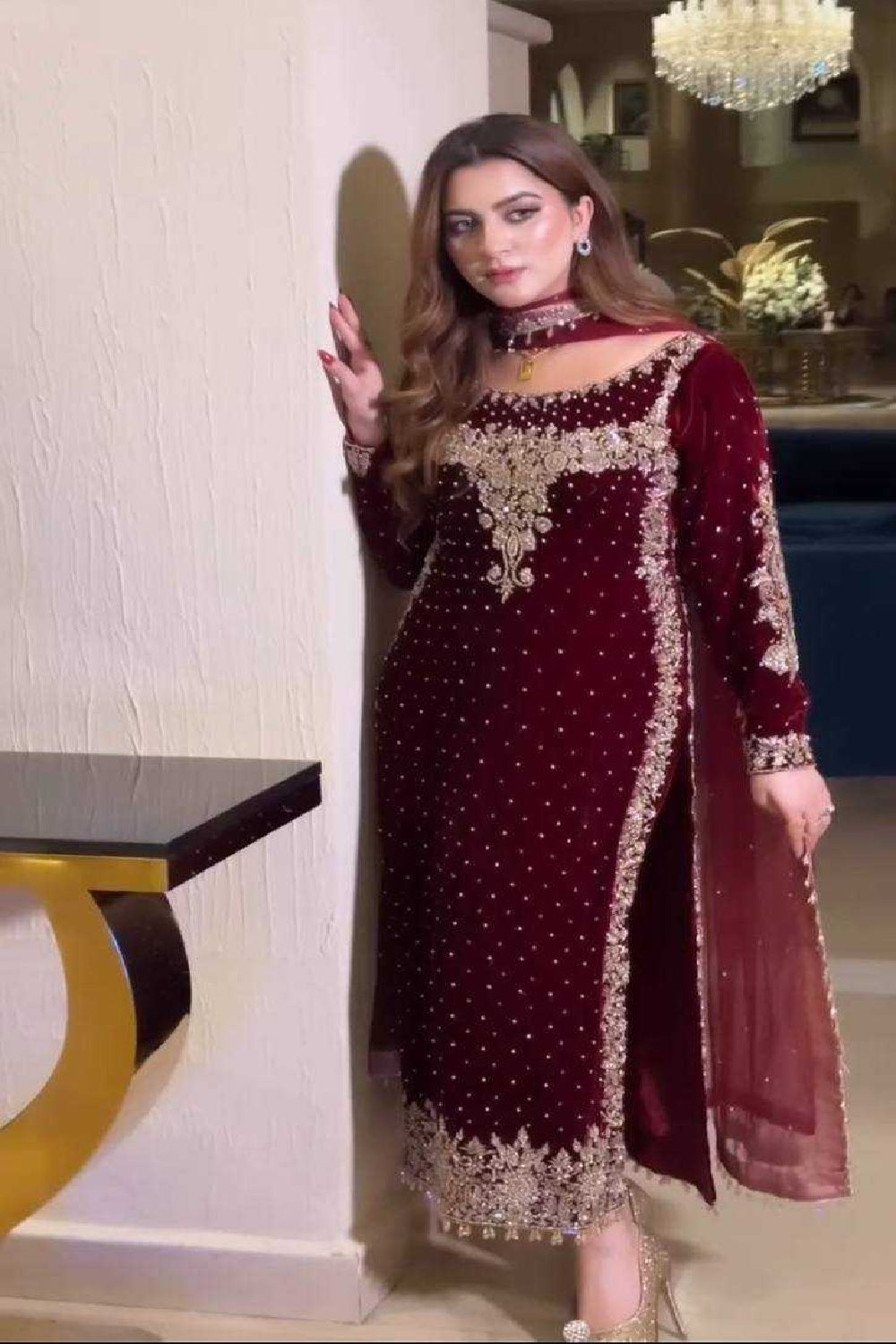 Aneelas Poshkari Luxury Velvet Embroidered Formal - TC-1443