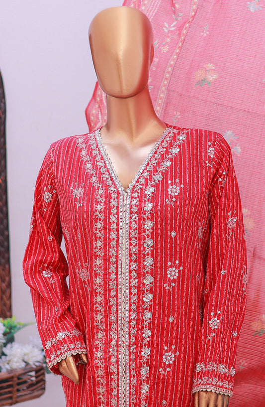Bin Saeed Self Stripe Stitched 3 Piece Suit - D-07 - BS25EKCR - Pink - Summer Collection