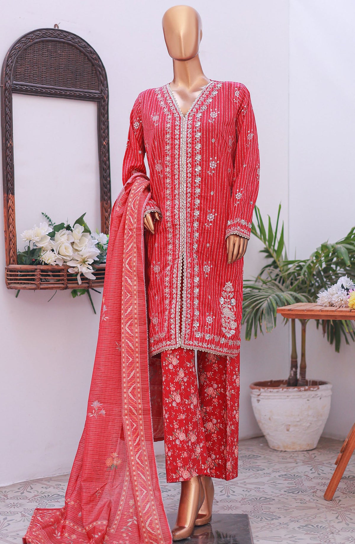 Bin Saeed Self Stripe Stitched 3 Piece Suit - D-07 - BS25EKCR - Pink - Summer Collection