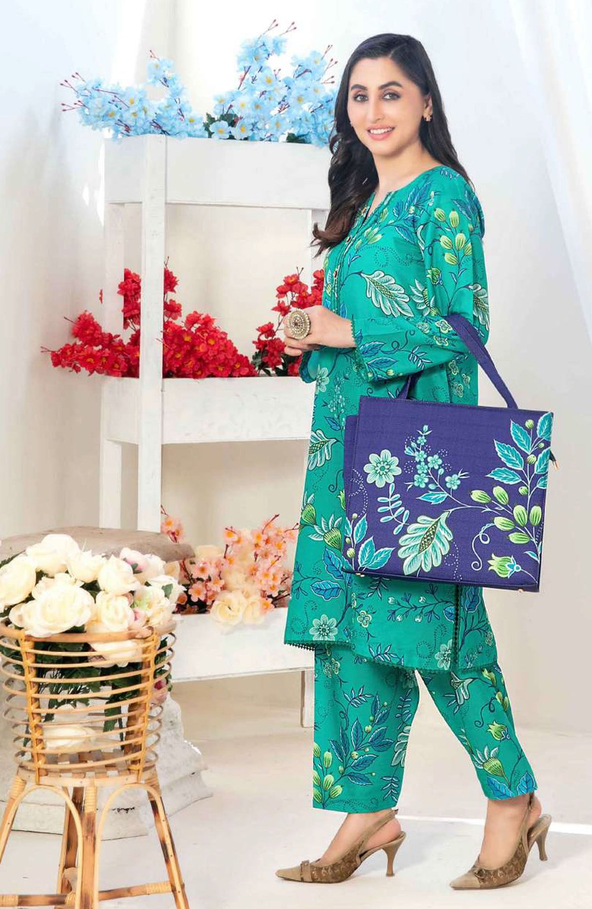 Glo by Tawakkal Fabric Printed Lawn Stitched 2 Piece Suit - D-1558 - TF25GLOV2 - Green - Summer Collection