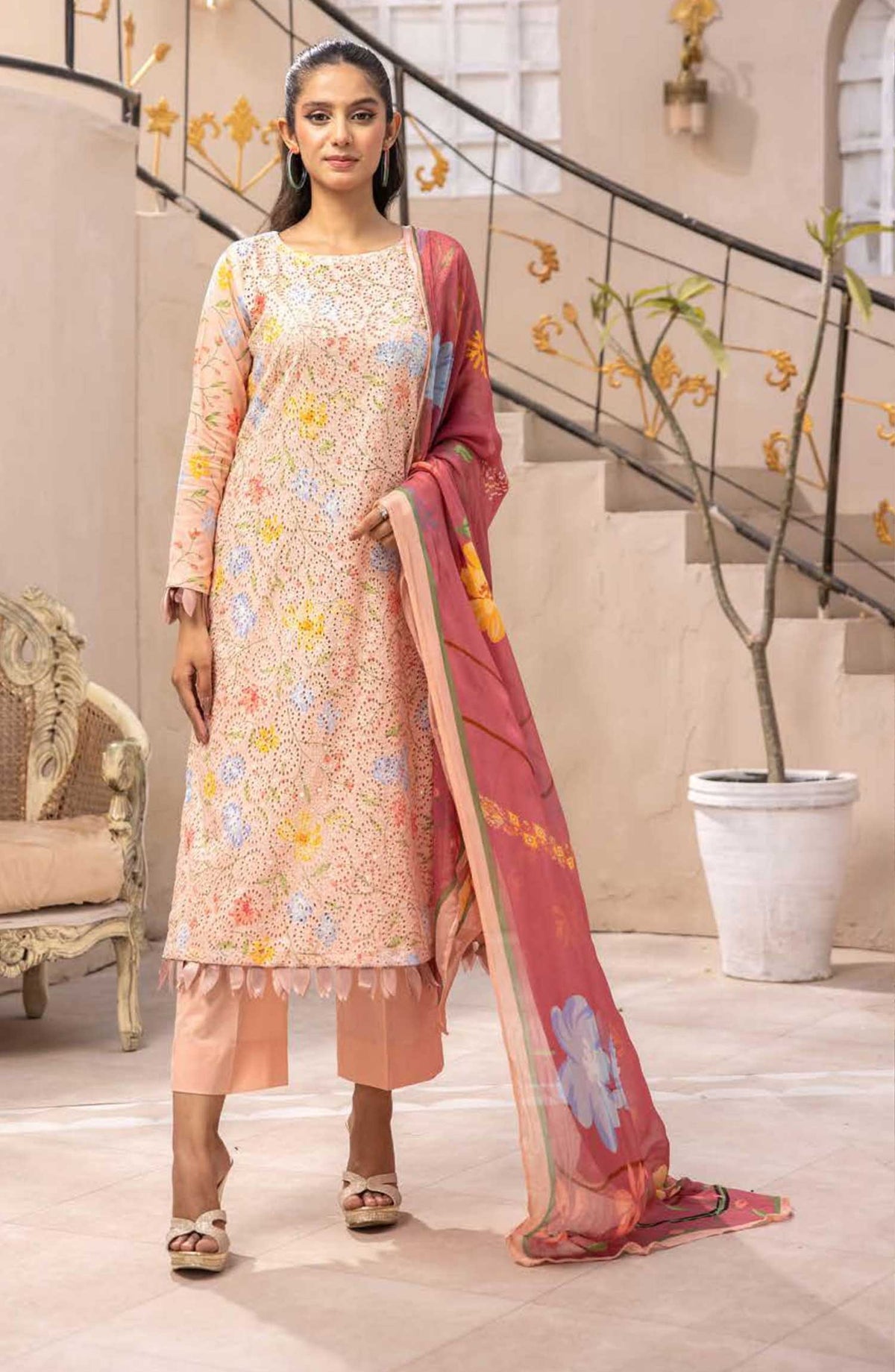 Mahees Isha by Riaz Arts Chikankari Lawn Unstitched 3 Piece - D-05 - RA25MI - Peach - Summer Collection
