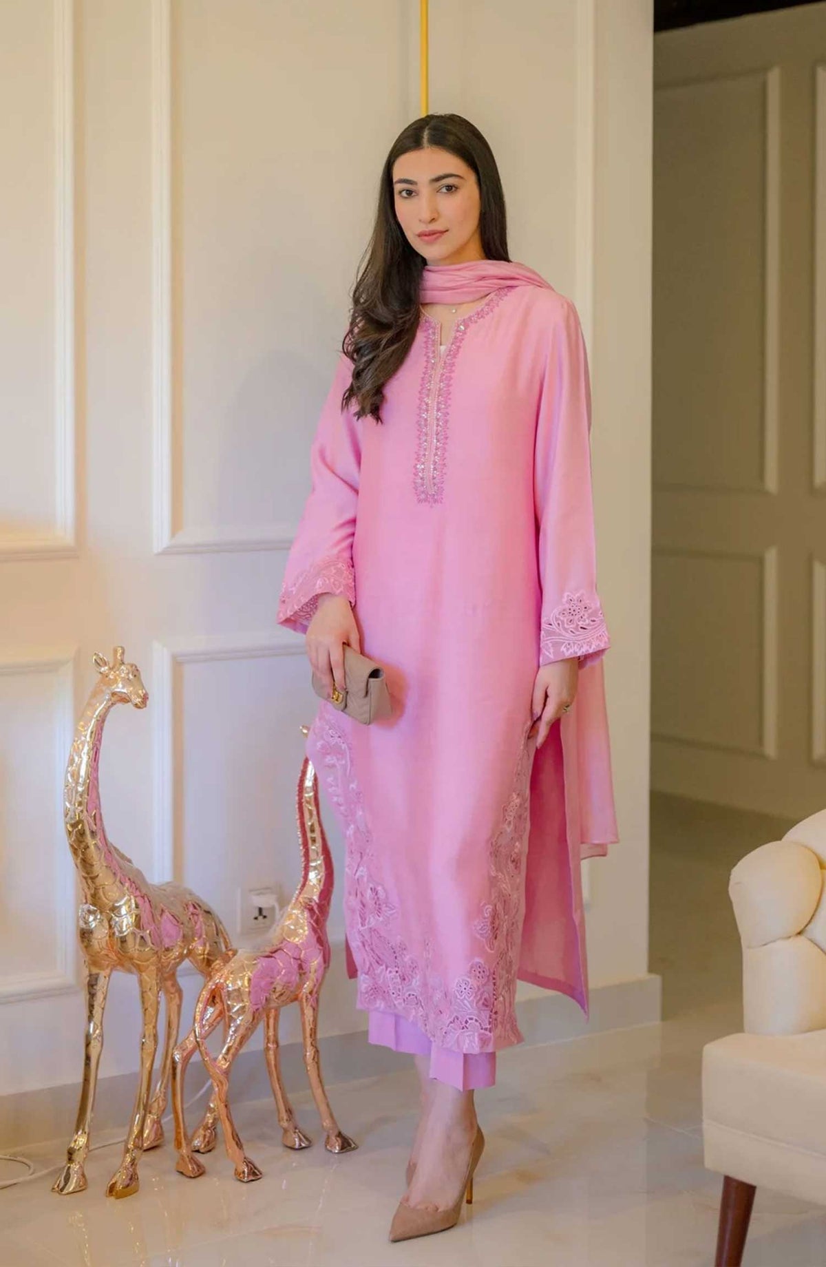 Luna Edit By Hues Atelier Embroidered Cotton Net Stitched 3 Piece - Dreamy Pink - HA25L - Festive Collection
