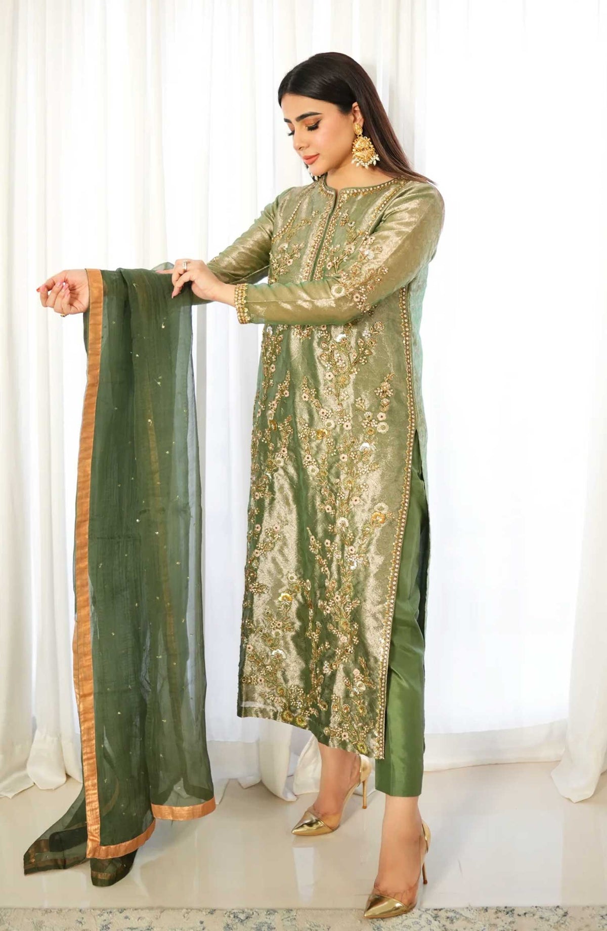 Hues Atelier Embroidered Tissue 3 Piece - Green Tissue Formal - HA25LF - Festive Collection
