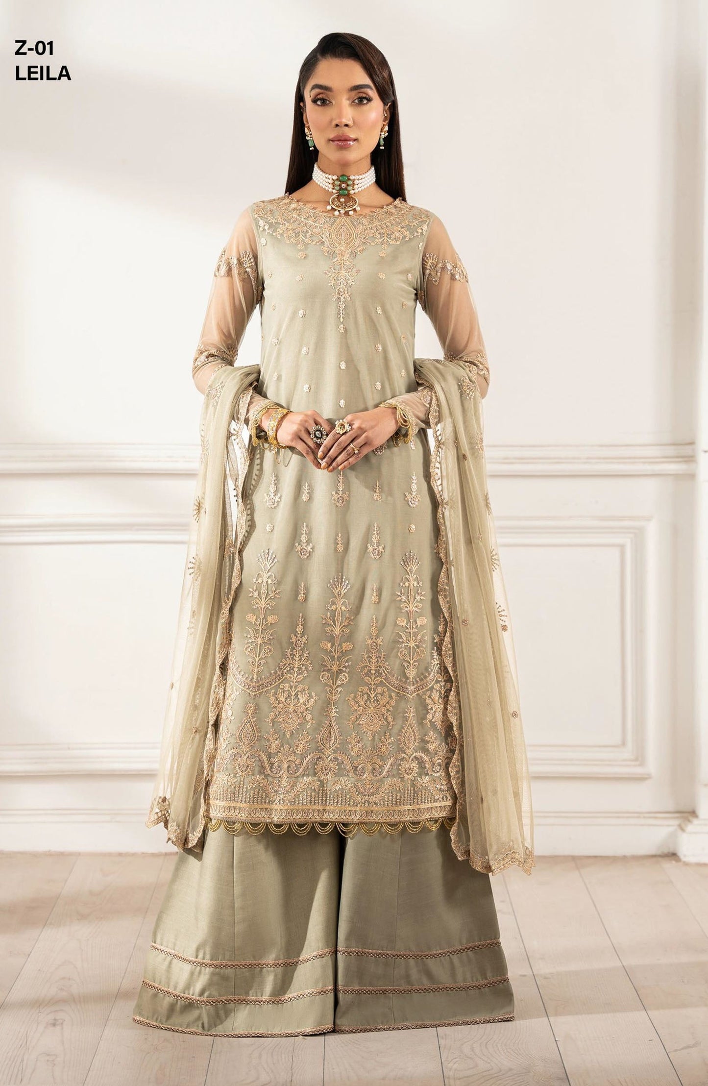 Heer by Zarif Embroidered Net Unstitched 3 Piece Suit - LEILA - ZF25HR - Z-01 - Grey - Festive Collection