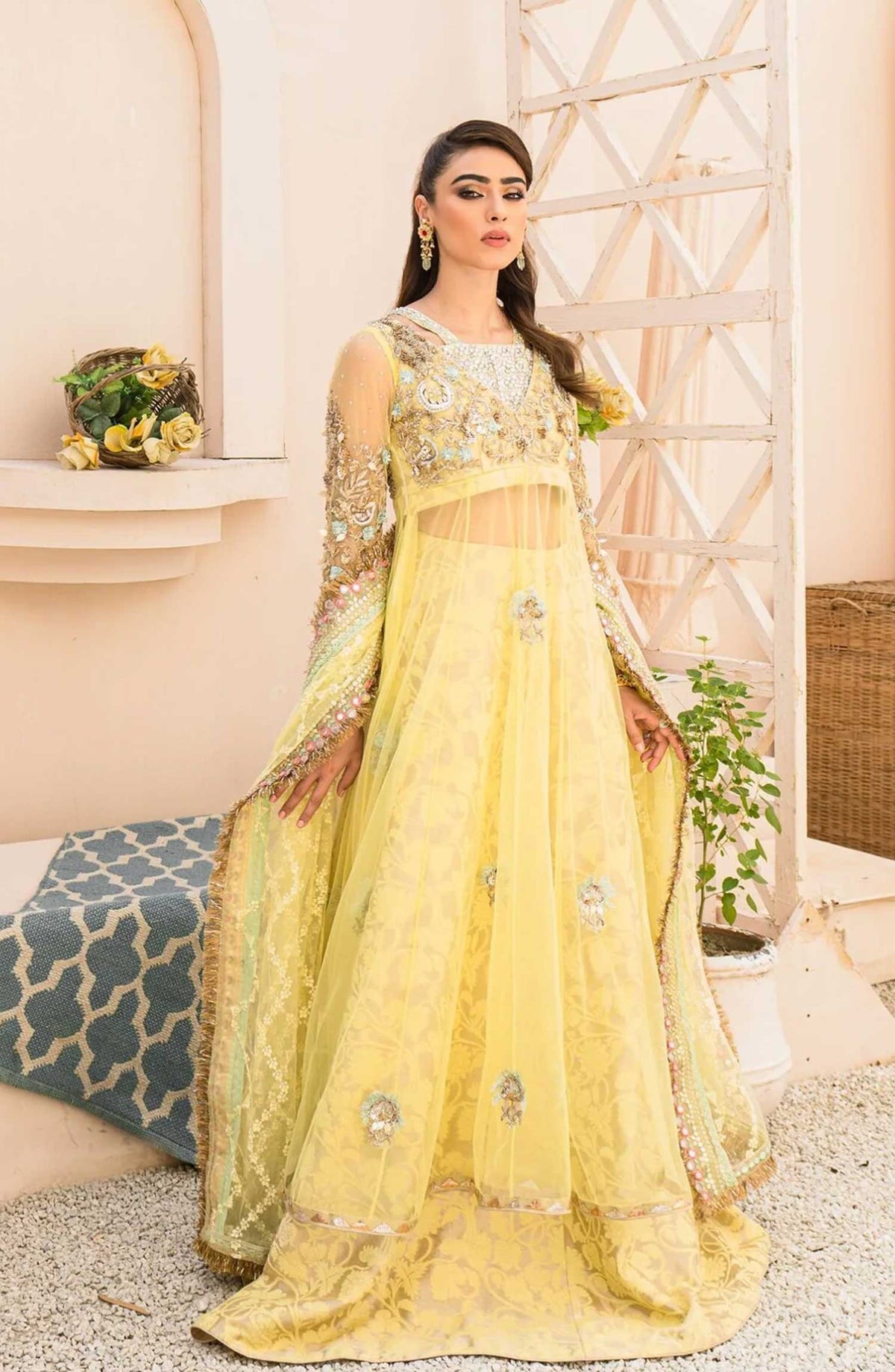 Hues Atelier Embroidered Net 3 Piece - Hennah - HA25LF - Yellow - Festive Collection