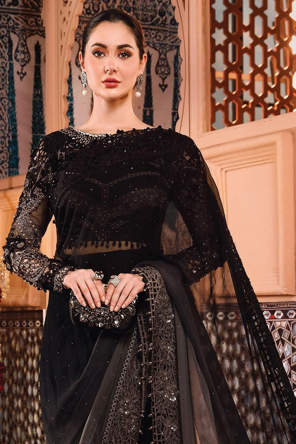 Maria.B Mbroidered Wedding Edition Grey and Black (BD-2504) Saree - TC-517