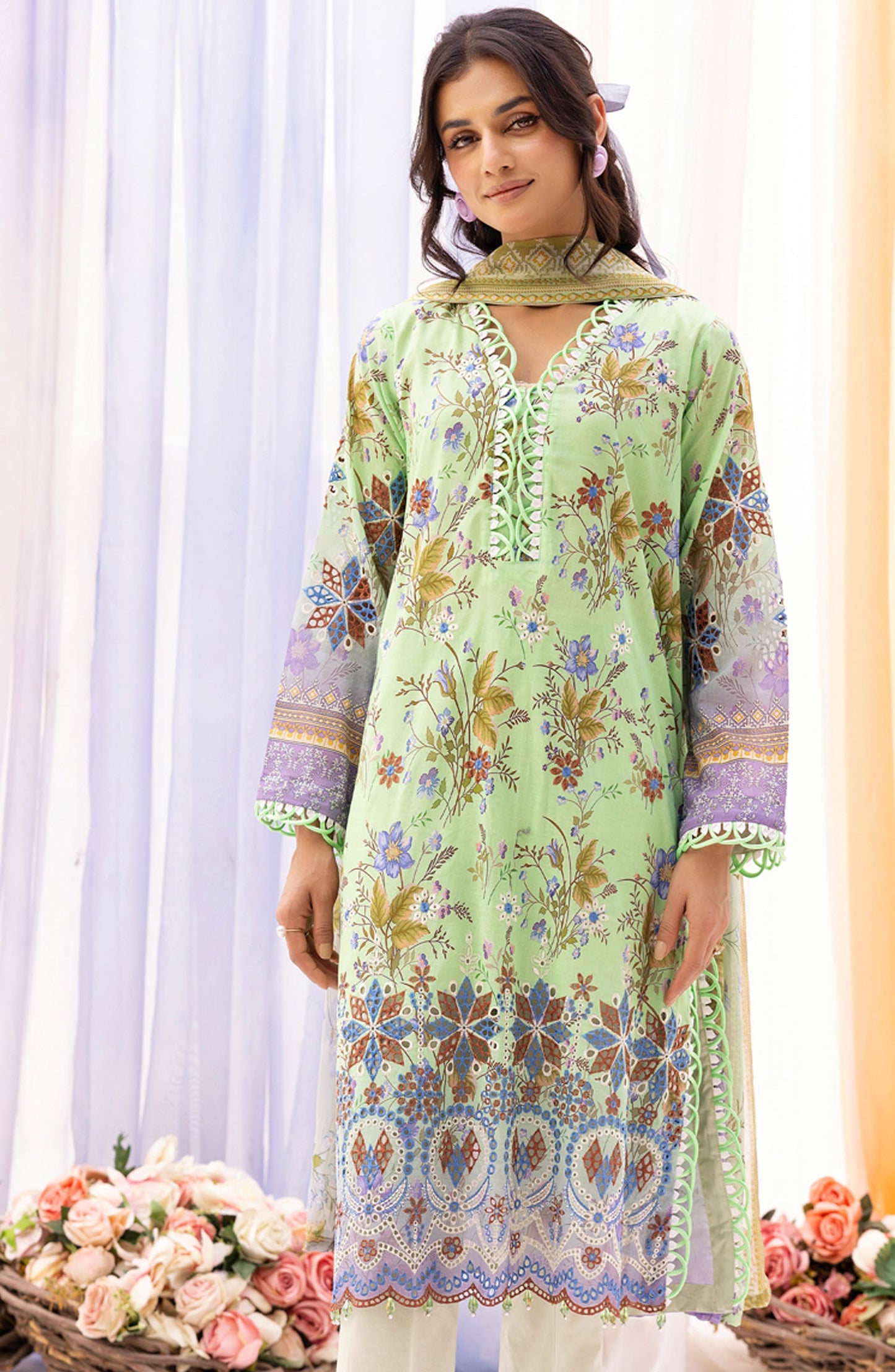 RangRez by NUR Embroidered Lawn Unstitched 3 Piece Suit - NR-403 - NUR25RRL - Green - Summer Collection