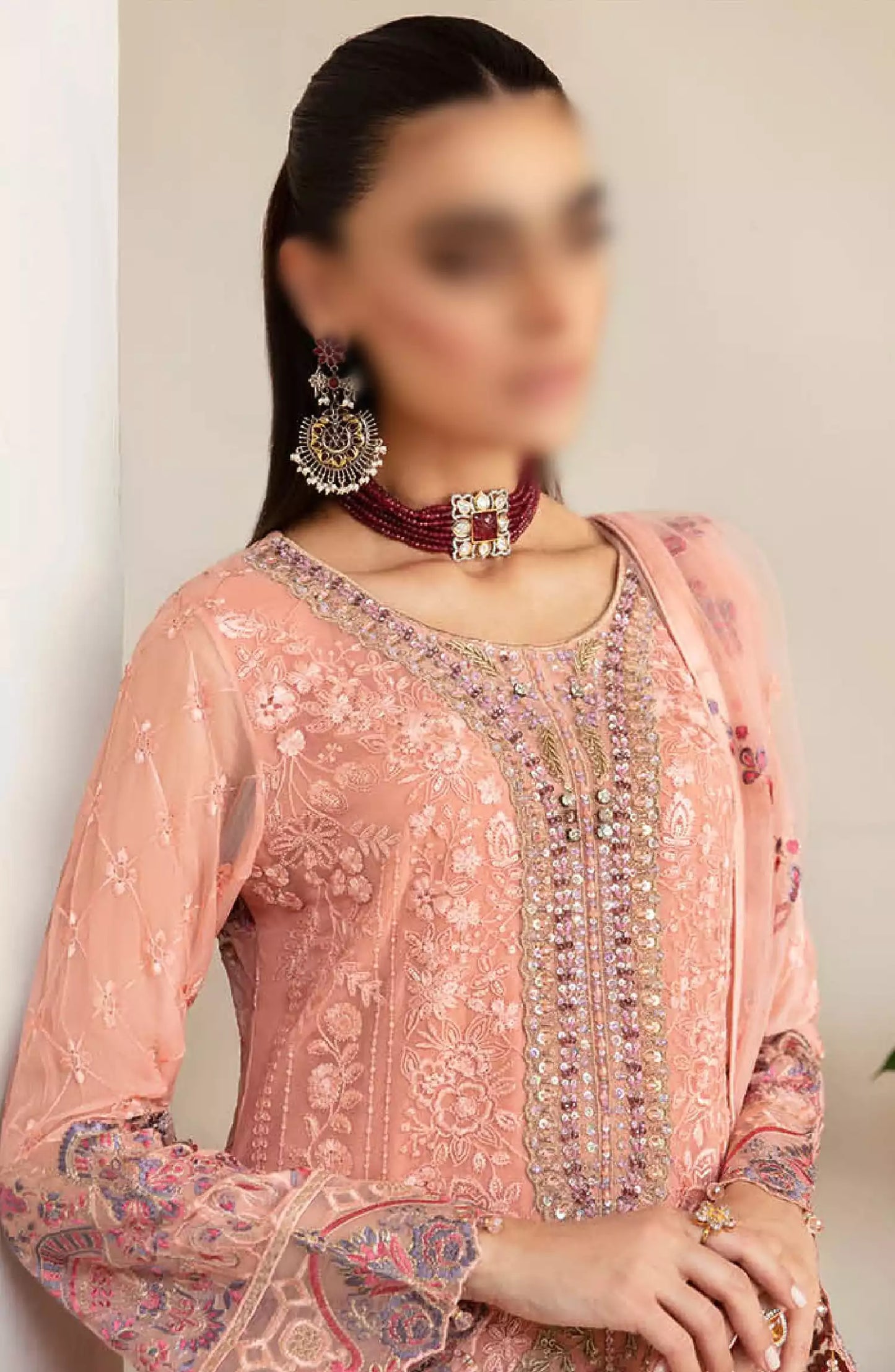 Dastoor by Ramsha Embroidered Chiffon Unstitched 3 Piece Suit - P-101 - RM26SOTD - Pink - Festive Collection