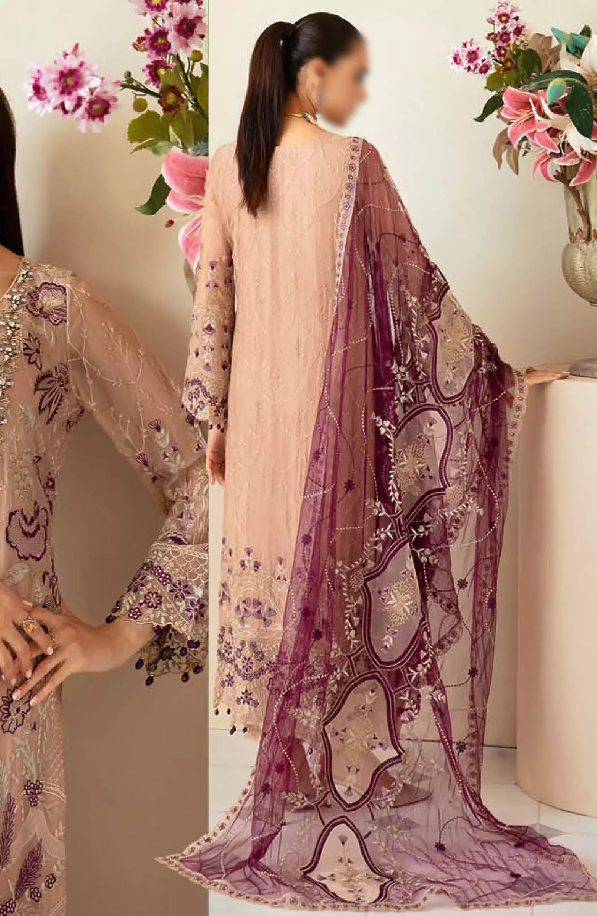 Dastoor by Ramsha Embroidered Chiffon Unstitched 3 Piece Suit - P-106 - RM26SOTD - Peach - Festive Collection