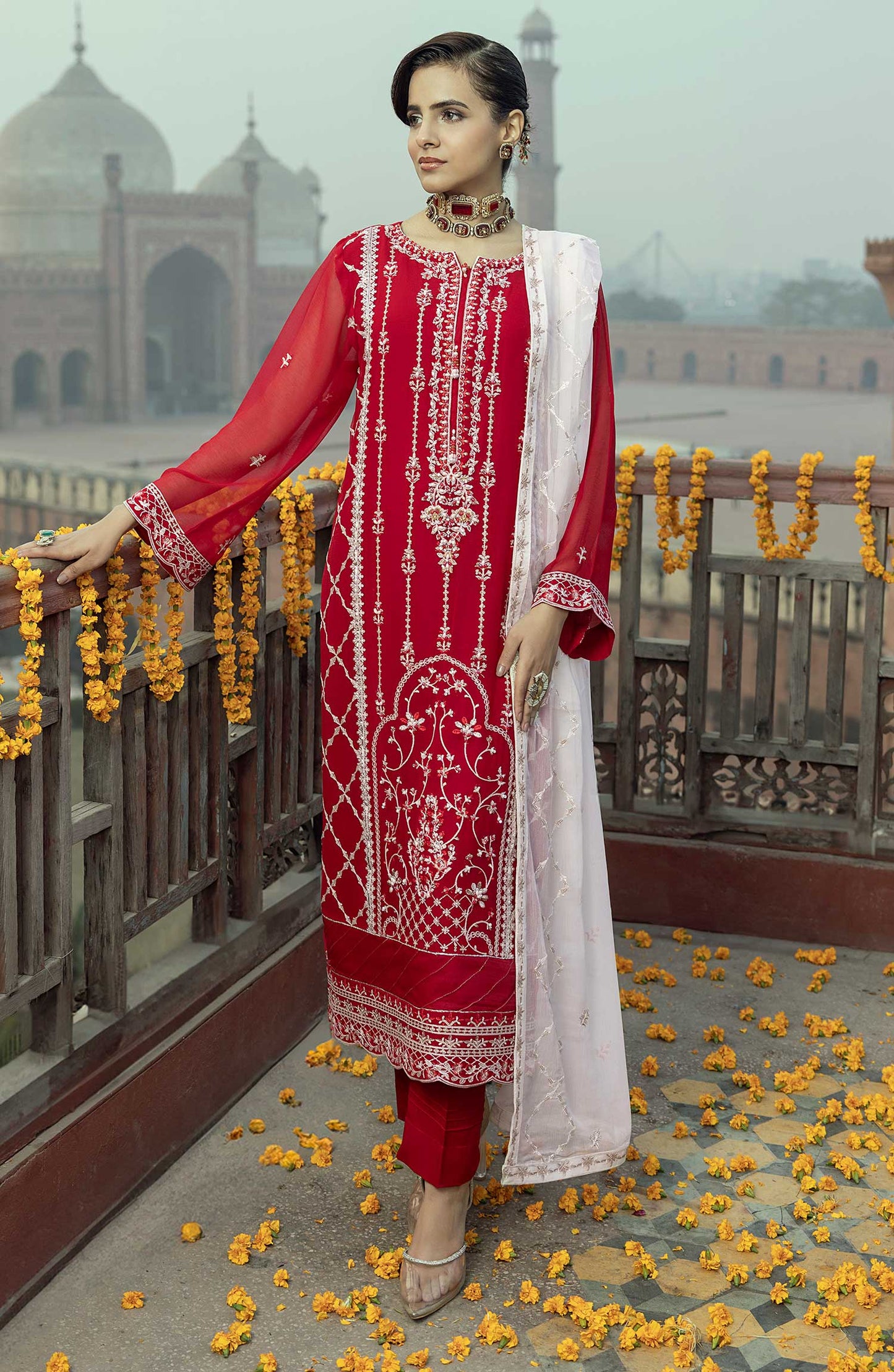 Shamooz Embroidered Chiffon Stitched 3 Piece - SEM-0779 Crimson - Red - Festive Collection