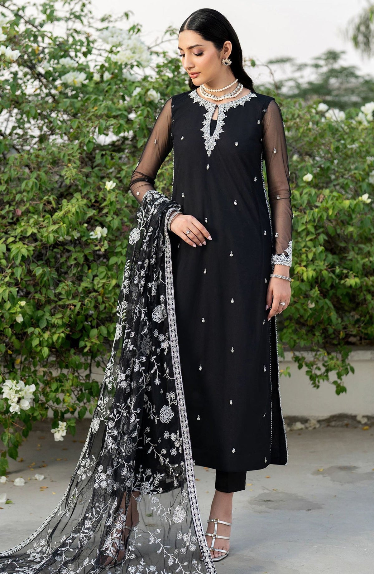 Arzou by Zarif Embroidered Net Unstitched 3 Piece Suit - UNST-HW-05 Clara - ZRF25ARUF - Black - Fromal Collection