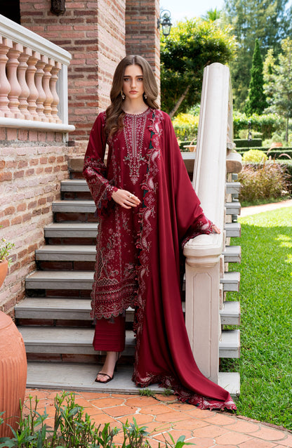 Florent Serenity Embroidered Marina Twill Unstitched 3 Piece Suit - 01 Dahlia - FL26SNT - Maroon - Winter Collection
