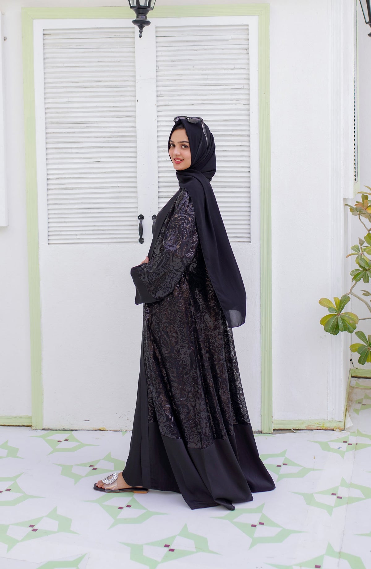 La Khilaba Luxury Wear Printed Finest Quality Sequin net - Black Sequin Open Abaya - LKH25LWR - Abaya Collection