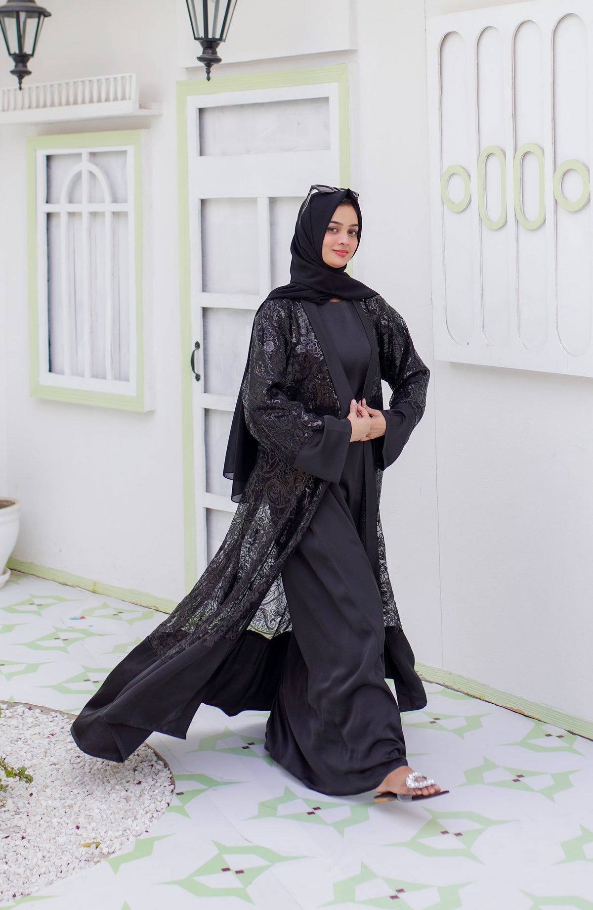 La Khilaba Luxury Wear Printed Finest Quality Sequin net - Black Sequin Open Abaya - LKH25LWR - Abaya Collection