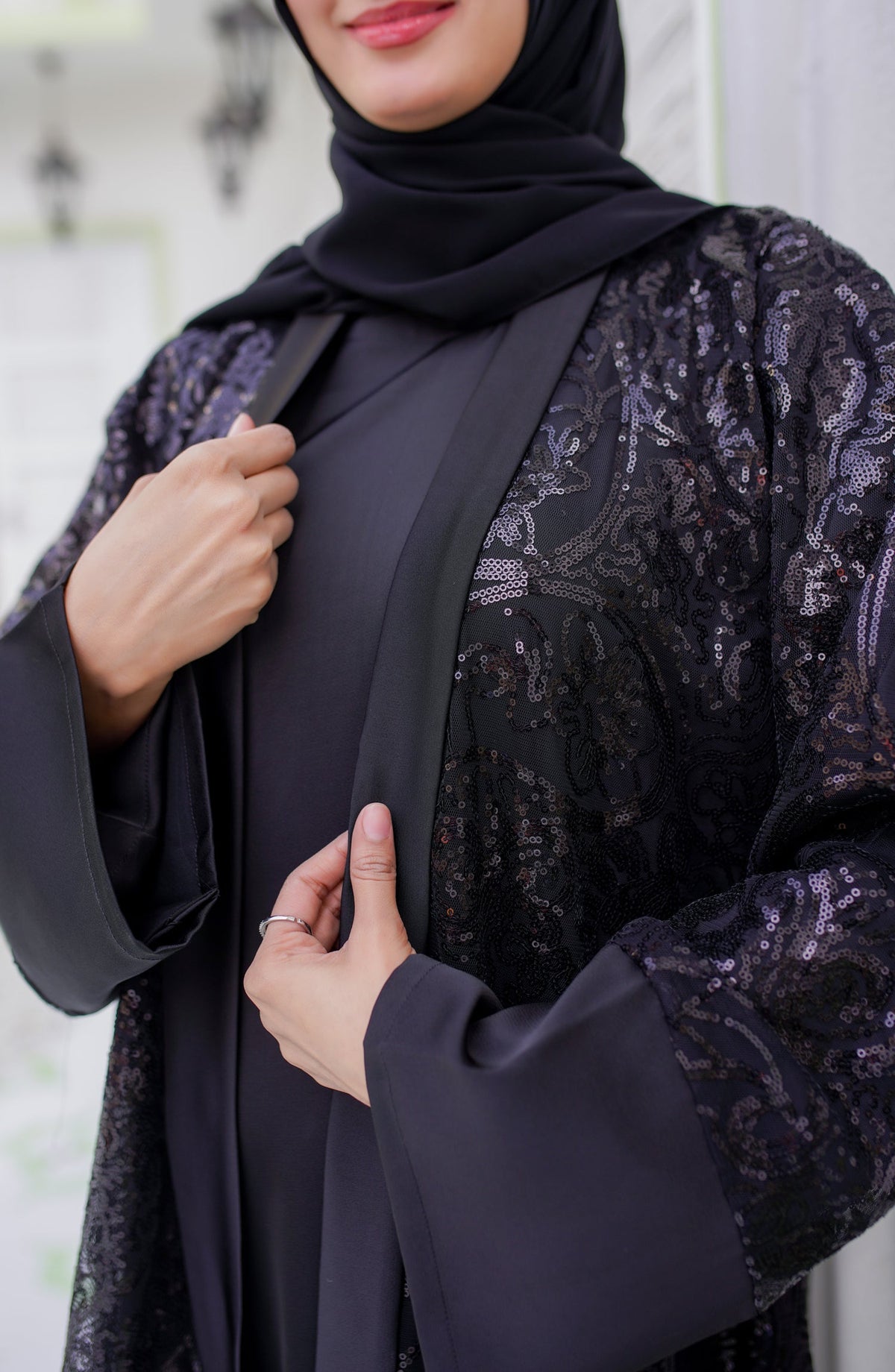 La Khilaba Luxury Wear Printed Finest Quality Sequin net - Black Sequin Open Abaya - LKH25LWR - Abaya Collection