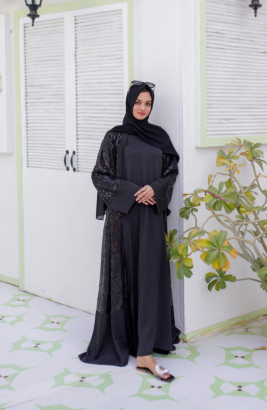 La Khilaba Luxury Wear Printed Finest Quality Sequin net - Black Sequin Open Abaya - LKH25LWR - Abaya Collection