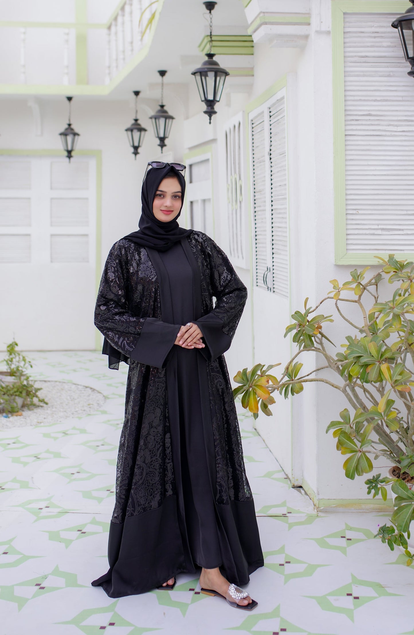 La Khilaba Luxury Wear Printed Finest Quality Sequin net - Black Sequin Open Abaya - LKH25LWR - Abaya Collection