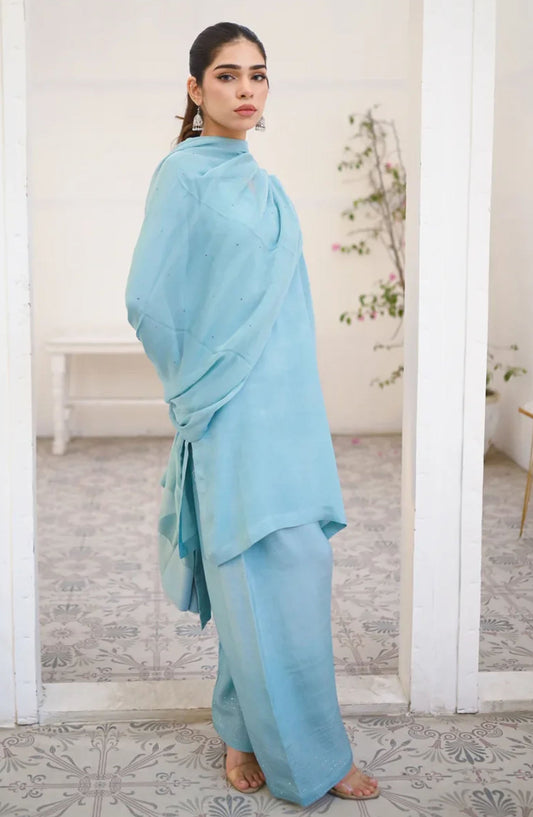Zauk Casual Rawsilk Stitched 3 Piece Suit - Cyan - ZK25EE - Blue - Festive Collection