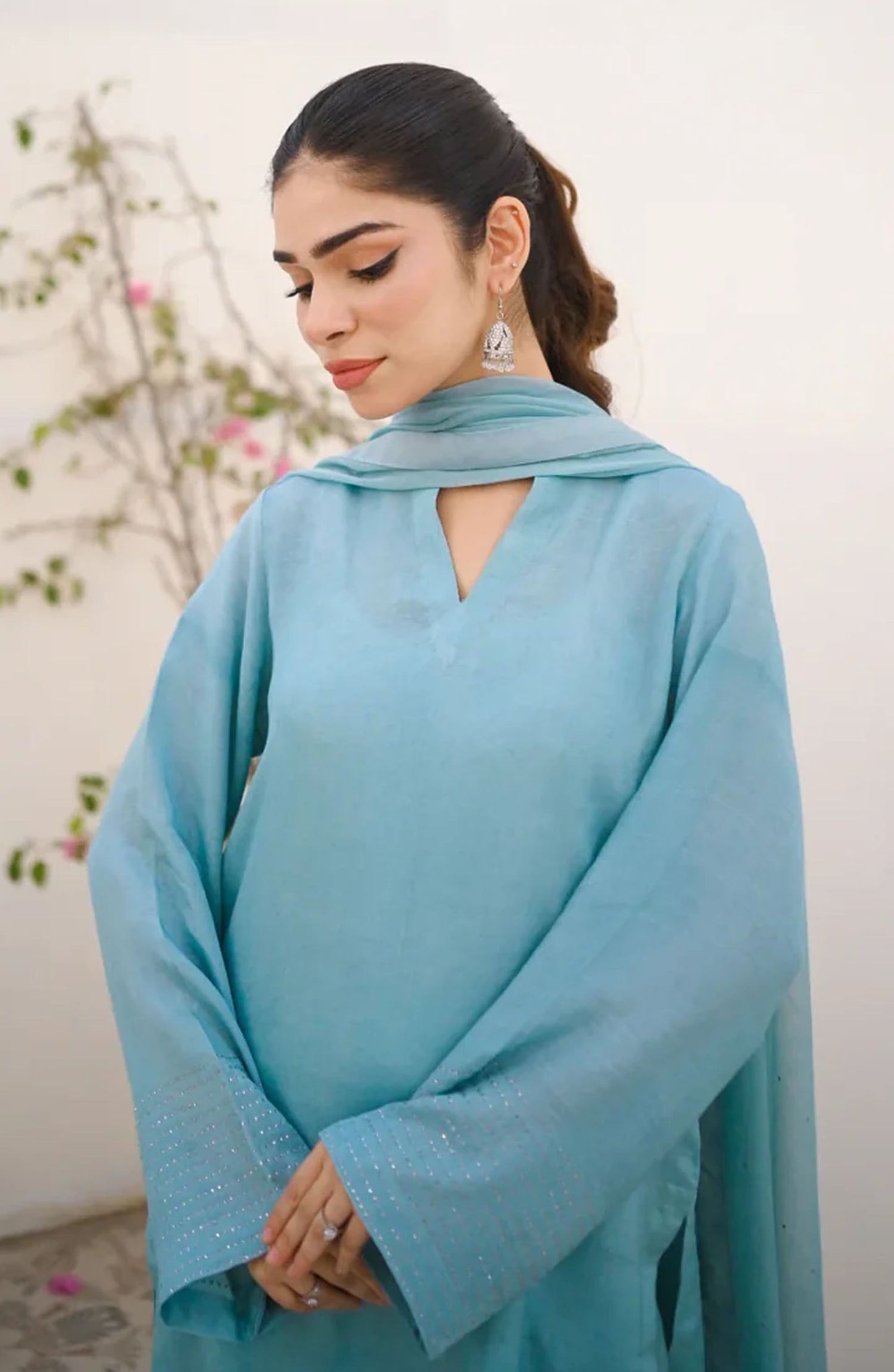 Zauk Casual Rawsilk Stitched 3 Piece Suit - Cyan - ZK25EE - Blue - Festive Collection