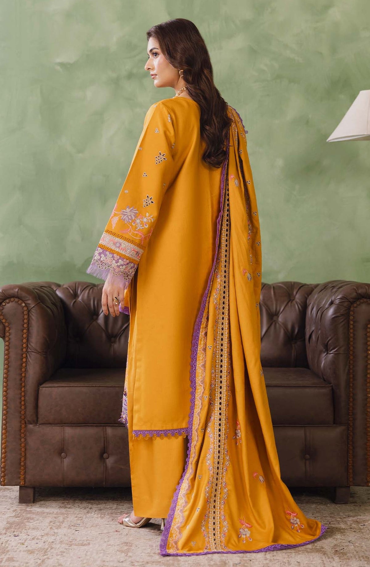 Peridot Embroidered Slub Linen Unstitched 3 Piece Suit - 598-A - PT26WT - Yellow - Winter Collection