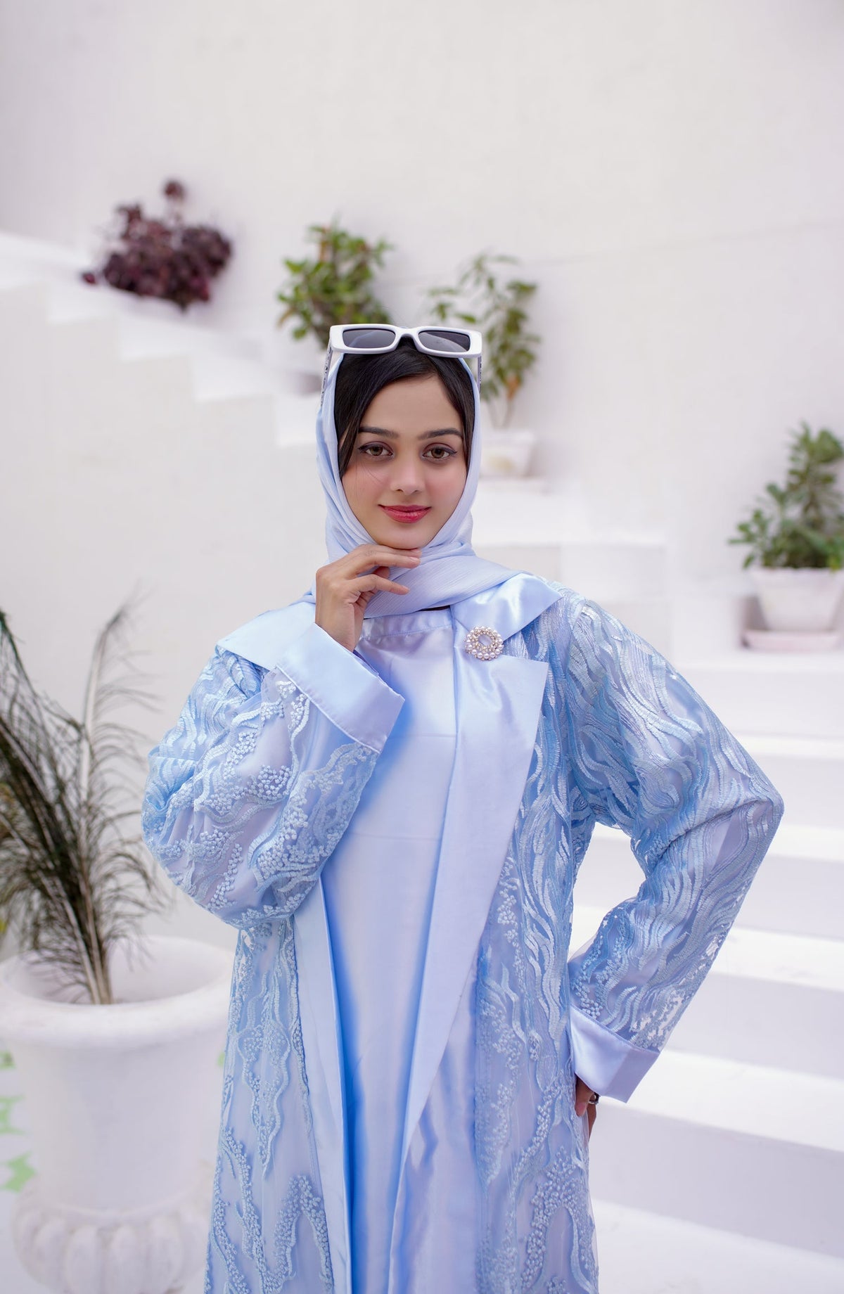 La Khilaba Luxury Wear Printed Premium Embroidered Polyester Net - Blue Luxe Abaya - LKH25LWR - Abaya Collection