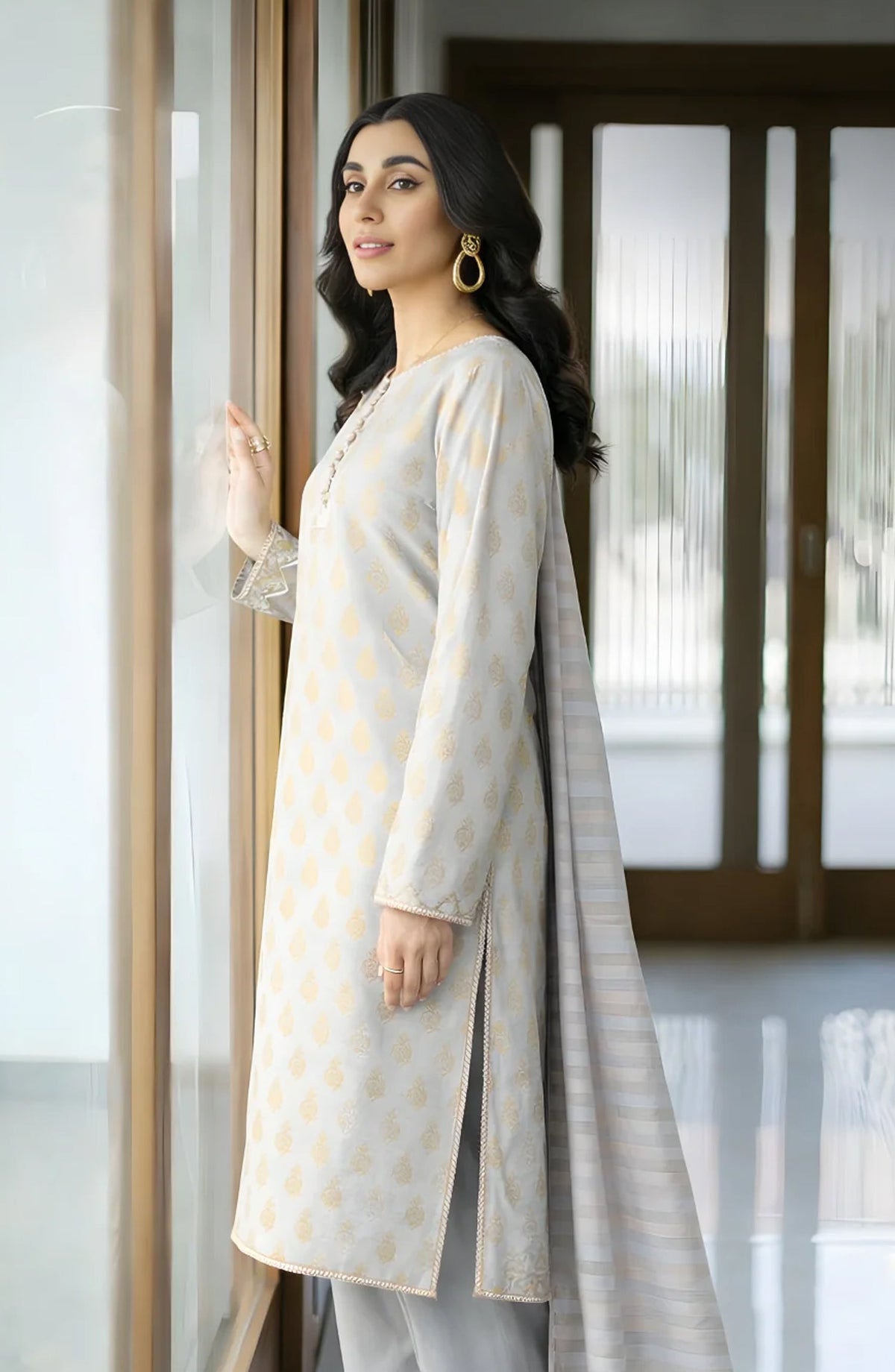 Ayla Printed Lawn Jacquard Stitched 3 Piece Suit - Sahab Baft - AY26ED - Grey - Eid Collection