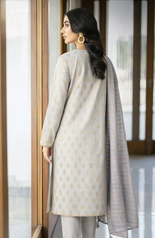 Ayla Printed Lawn Jacquard Stitched 3 Piece Suit - Sahab Baft - AY26ED - Grey - Eid Collection