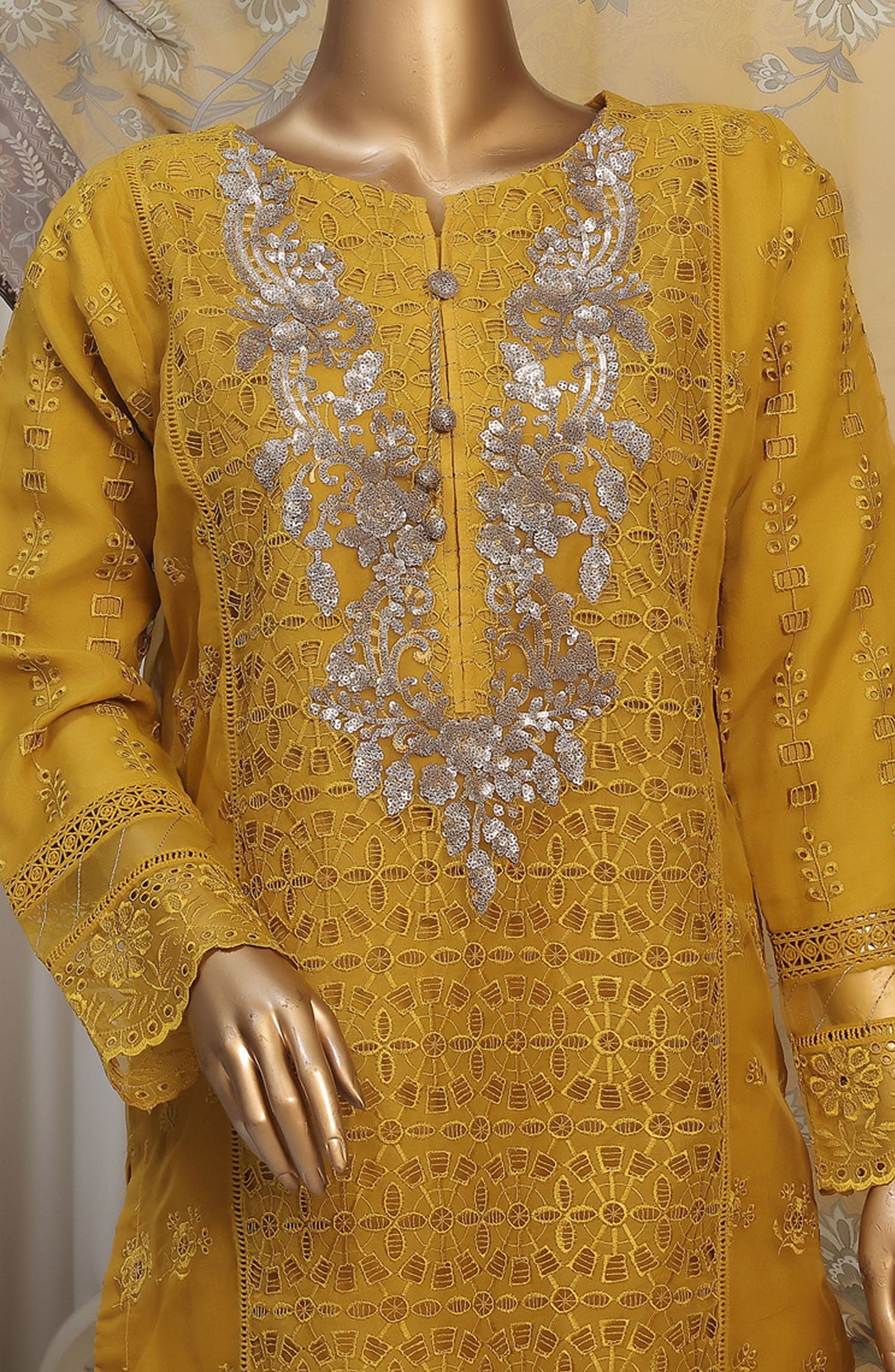 Falsafaa by HZ Textile Embroidered Organza Stitched 3 Piece Suit - HZK-178 Mustard - HZ25FHZKV6 - Mustard - Festive Collection