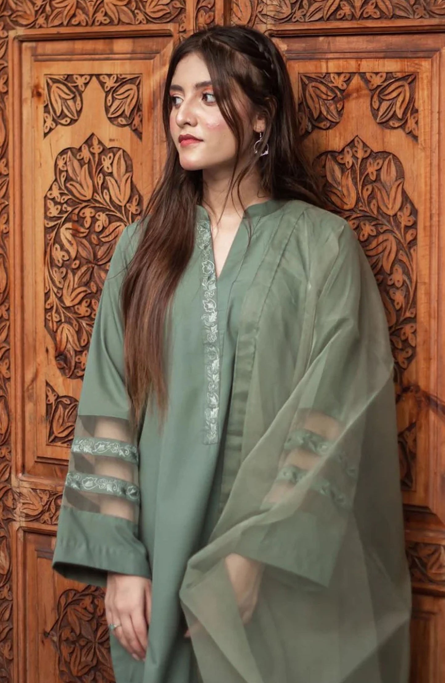 Zauk Georgette Stitched 3 Piece Suit - Olive Green - ZK25FC - Green - Festive Collection