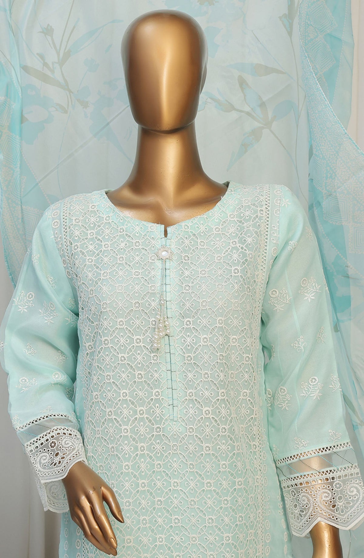 Falsafaa by HZ Textile Embroidered Organza Stitched 3 Piece Suit - HZK-179 Aqua - HZ25FHZKV6 - Blue - Festive Collection