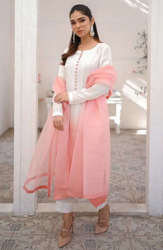 Zauk Casual Rawsilk Stitched 3 Piece Suit - Tara - ZK25EE - Pink - Festive Collection