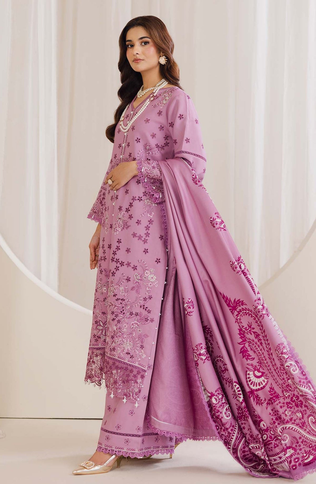 Peridot Embroidered Slub Linen Unstitched 3 Piece Suit - 597-A - PT26WT - Pink - Winter Collection
