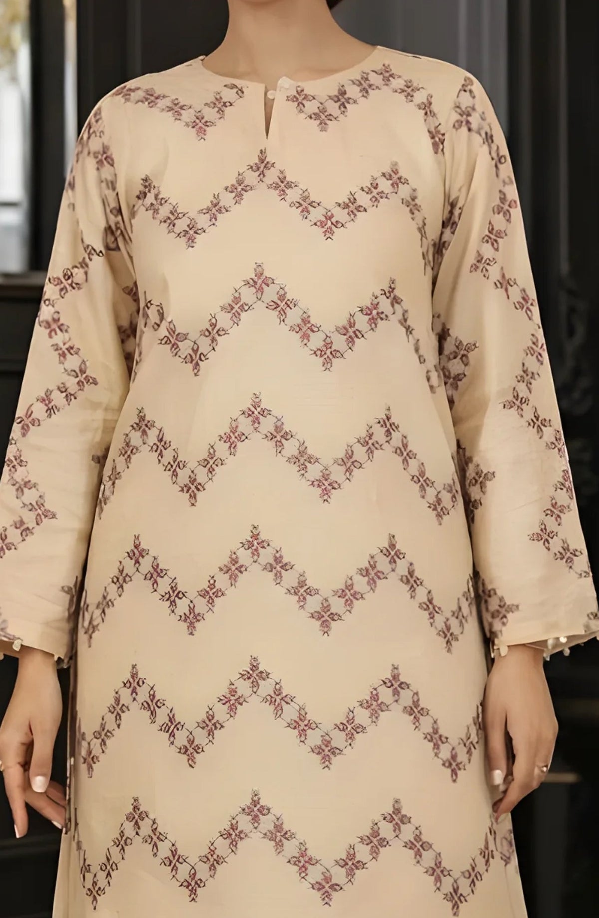 Ayla Printed Lawn Jacquard Stitched 3 Piece Suit - Sahar Lines - AY26ED - Fawn - Eid Collection