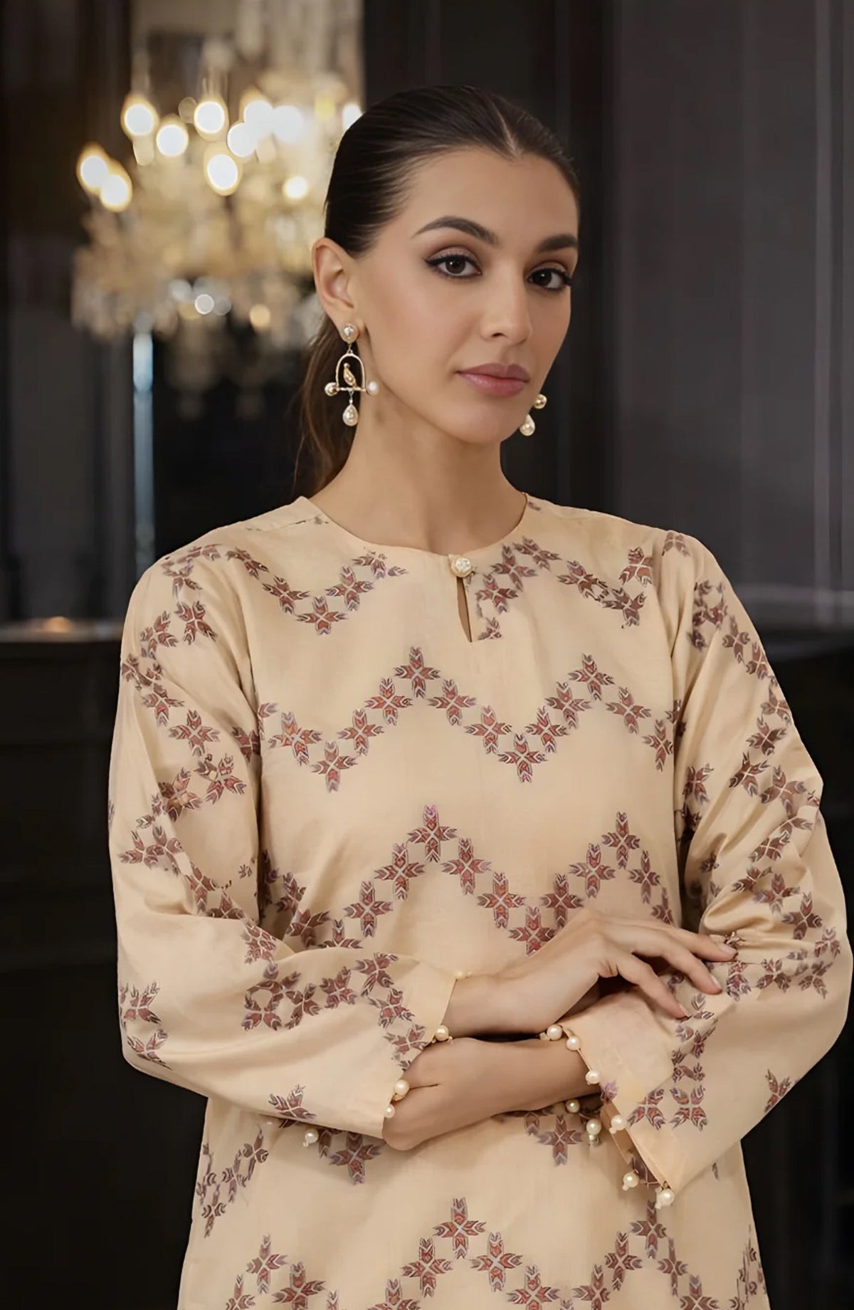 Ayla Printed Lawn Jacquard Stitched 3 Piece Suit - Sahar Lines - AY26ED - Fawn - Eid Collection