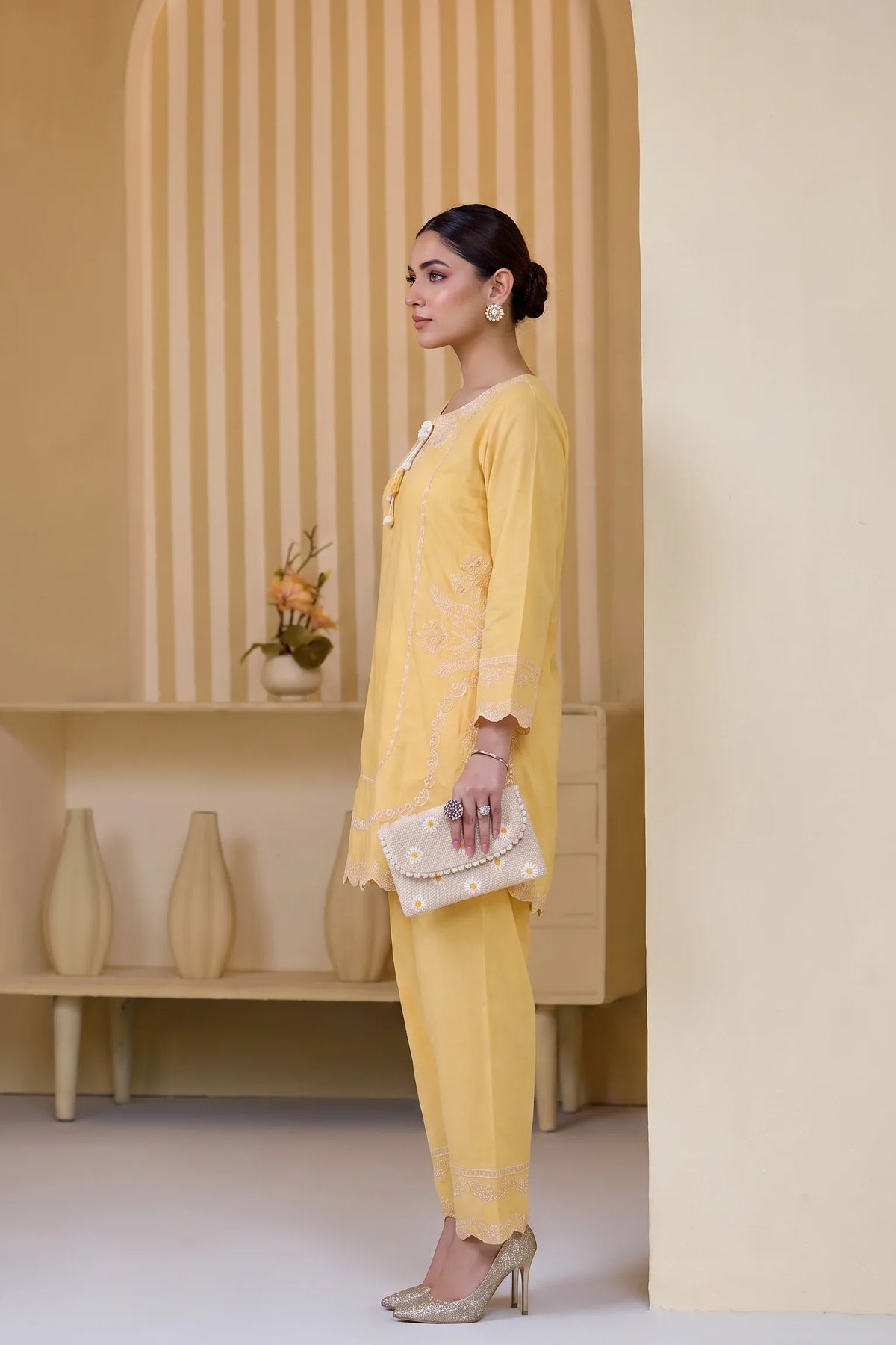 Mulaqaat By Amna Khadija Embroidered Cotton Stitched 2 Piece Co-Ord Set - AKMEC-13 - AM26MULQD3 - Yellow - Summer Collection