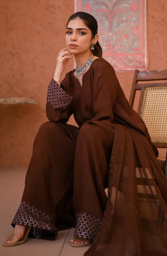 Zauk Casual Rawsilk Stitched 3 Piece Suit - Rosewood - ZK25EE - Brown - Festive Collection