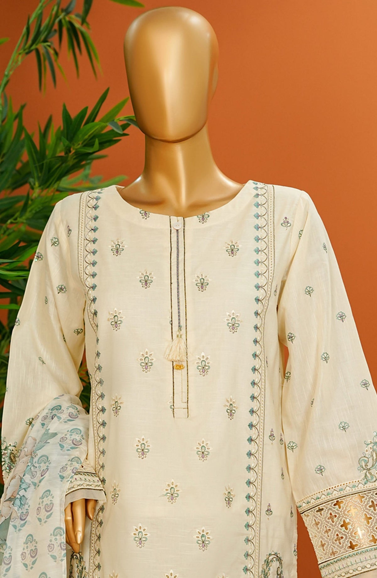 HZ Textile Embroidered Cotton Stitched 3 Piece Suit - SSE-104 Cream - HZ25MUV1 - Off White - Summer Collection