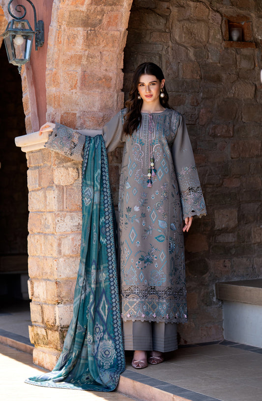Florent Serenity Embroidered Karandi Unstitched 3 Piece Suit - 05 Sia - FL26SNT - Grey - Winter Collection