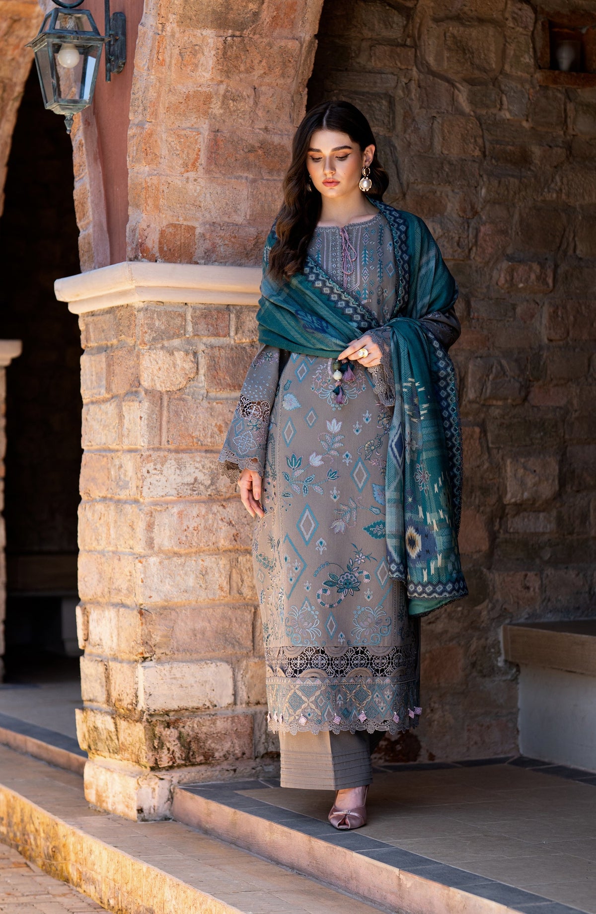 Florent Serenity Embroidered Karandi Unstitched 3 Piece Suit - 05 Sia - FL26SNT - Grey - Winter Collection
