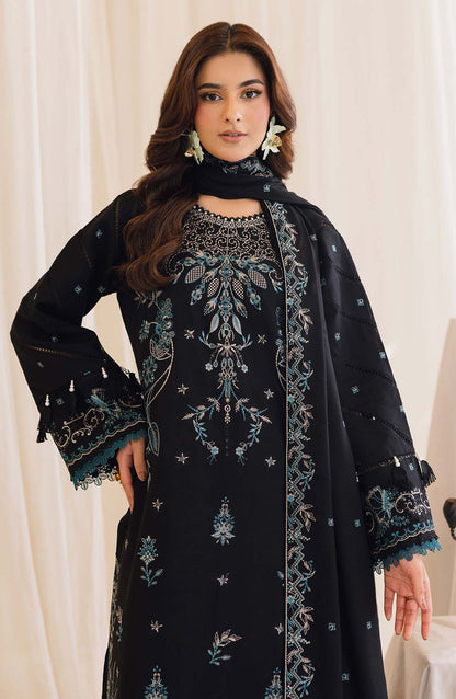 Peridot Embroidered Slub Linen Unstitched 3 Piece Suit - 596-B - PT26WT - Black - Winter Collection