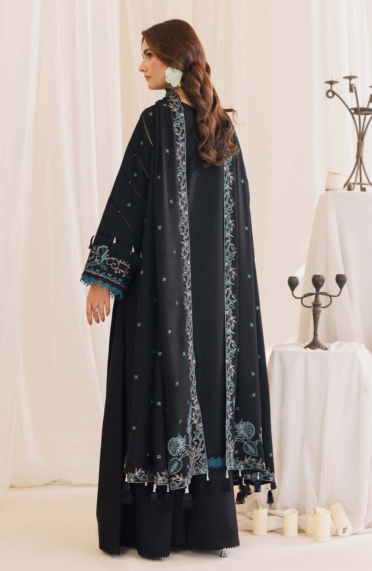 Peridot Embroidered Slub Linen Unstitched 3 Piece Suit - 596-B - PT26WT - Black - Winter Collection