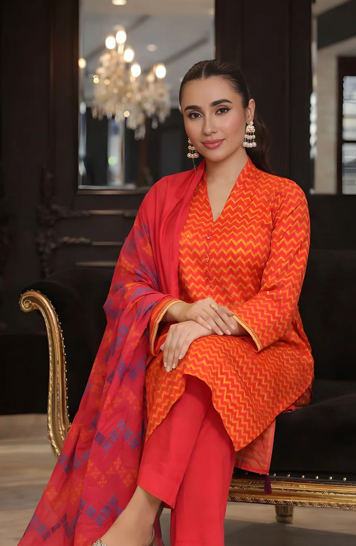 Ayla Printed Lawn Jacquard Stitched 3 Piece Suit - Gulnaar Wave - AY26ED - Orange - Eid Collection