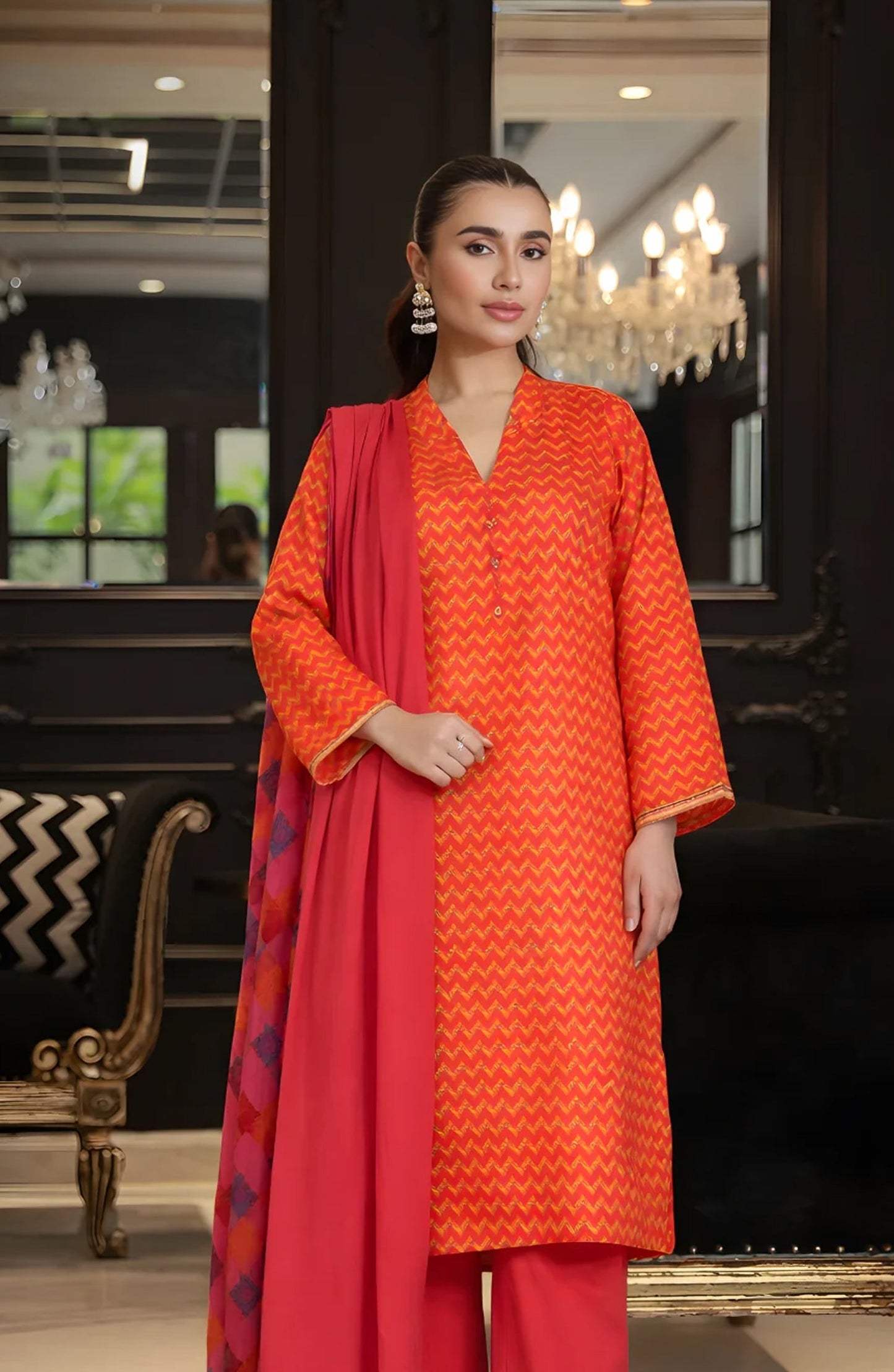 Ayla Printed Lawn Jacquard Stitched 3 Piece Suit - Gulnaar Wave - AY26ED - Orange - Eid Collection
