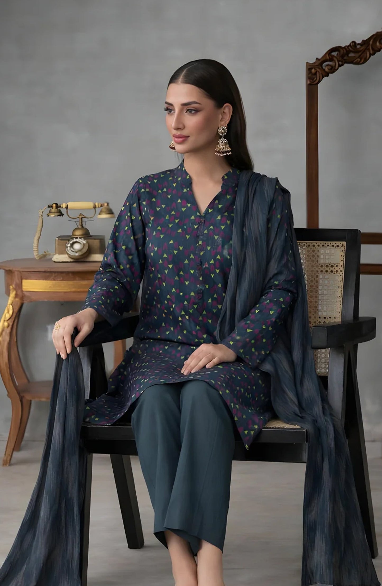 Ayla Printed Lawn Jacquard Stitched 3 Piece Suit - Neel Kamal - AY26ED - Teal - Eid Collection